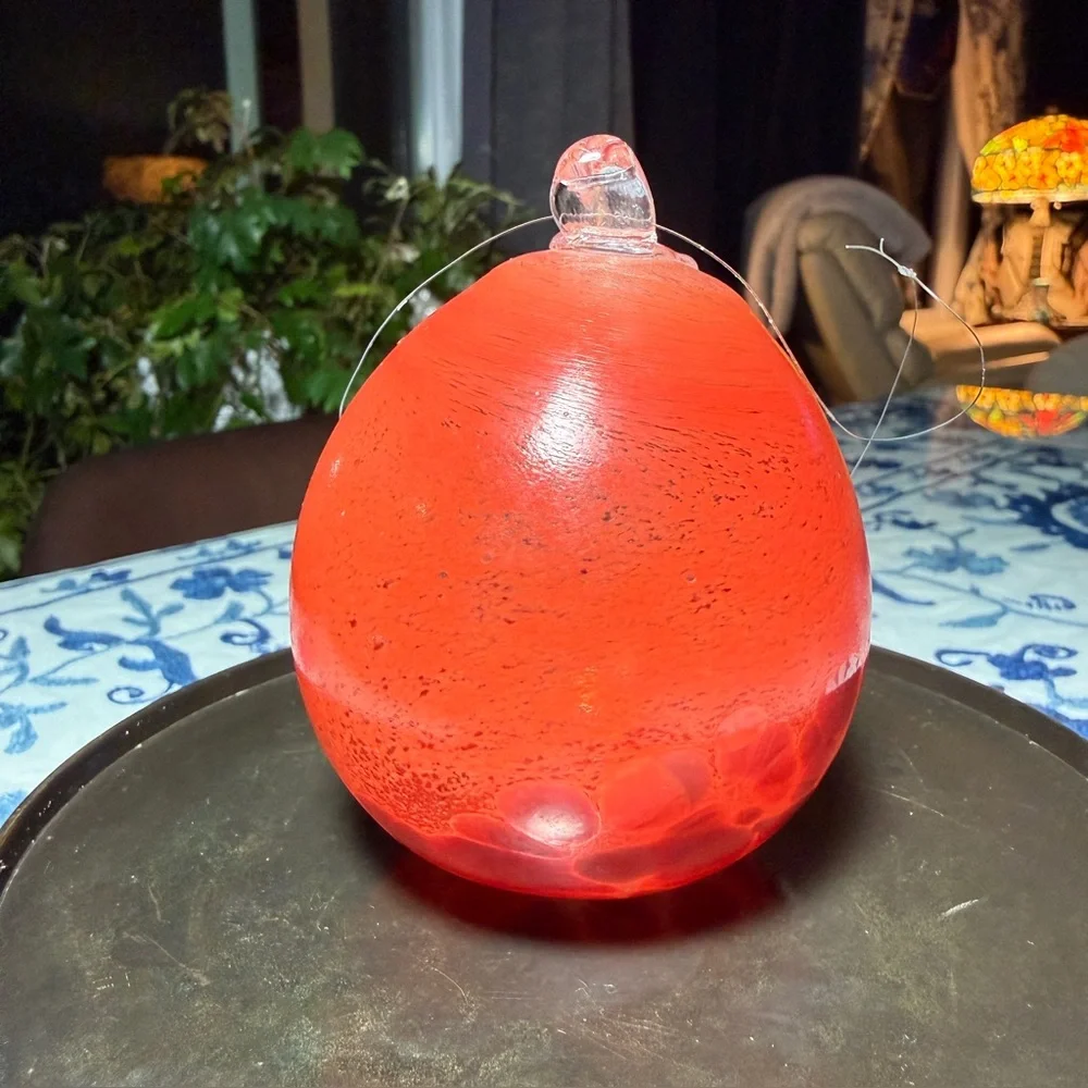 Hand Blown Art Glass Christmas Ornament Red Orange Swirl Speckled Ball Gift 9.5”